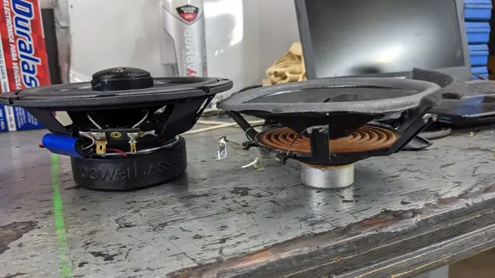 Marine grade UTV speakers on the bench during an audio install at TMT Offroad in Williston, FL
